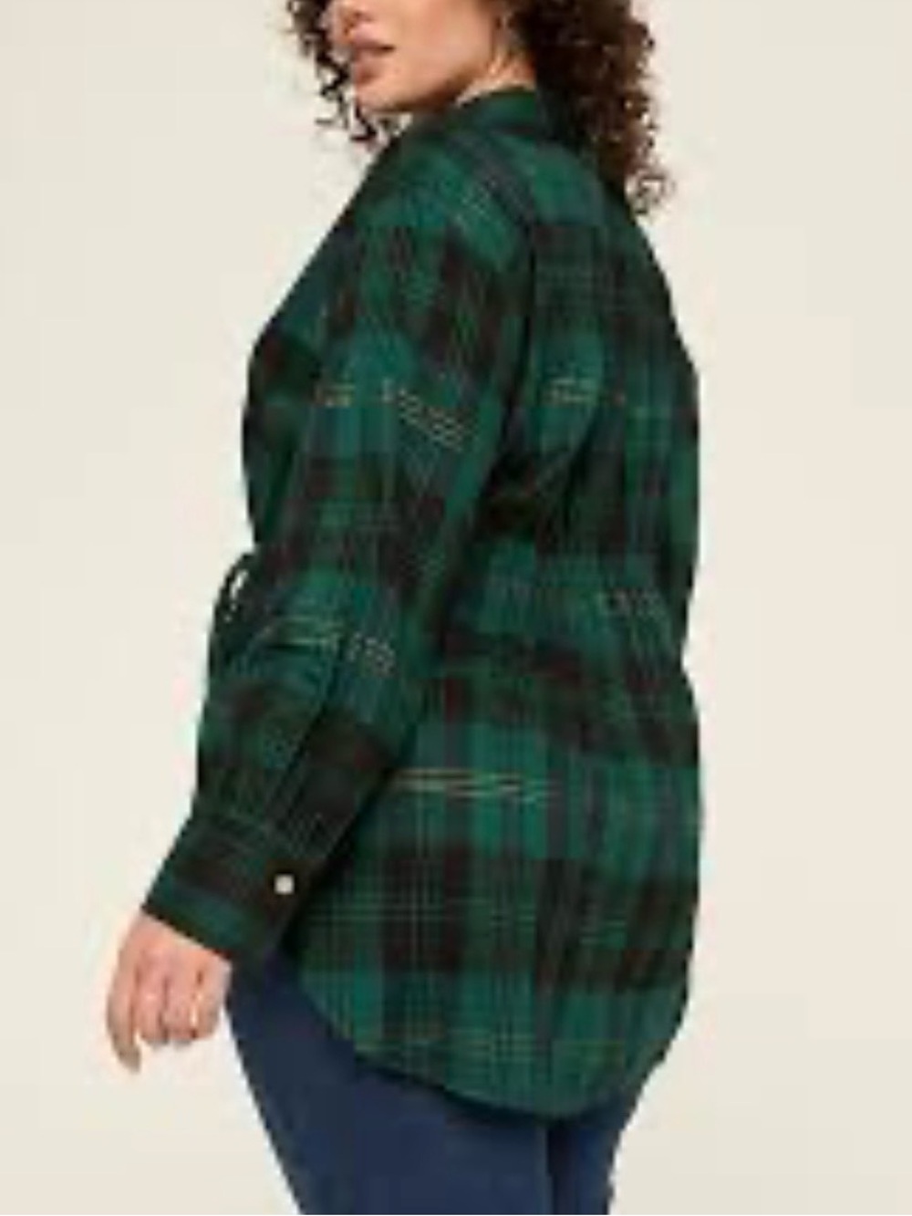 Lane Bryant Green Black Plaid Tie Waist Button Down Tunic Flannel Shirt Plus